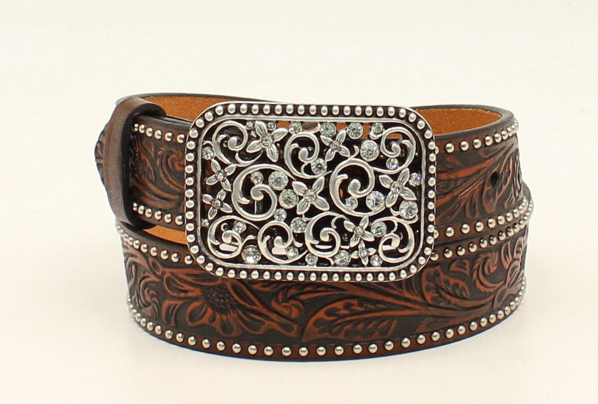 M&F Ariat girls' belt with floral embossed square buckle and crystal accents, stylish and perfect for casual wear.