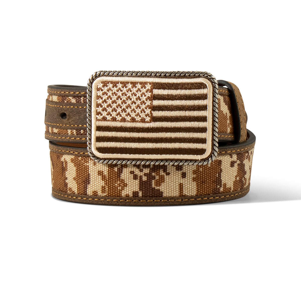 M&F Ariat boys' medium brown digital camo western belt with buckle and adjustable strap, suitable for casual and western wear.