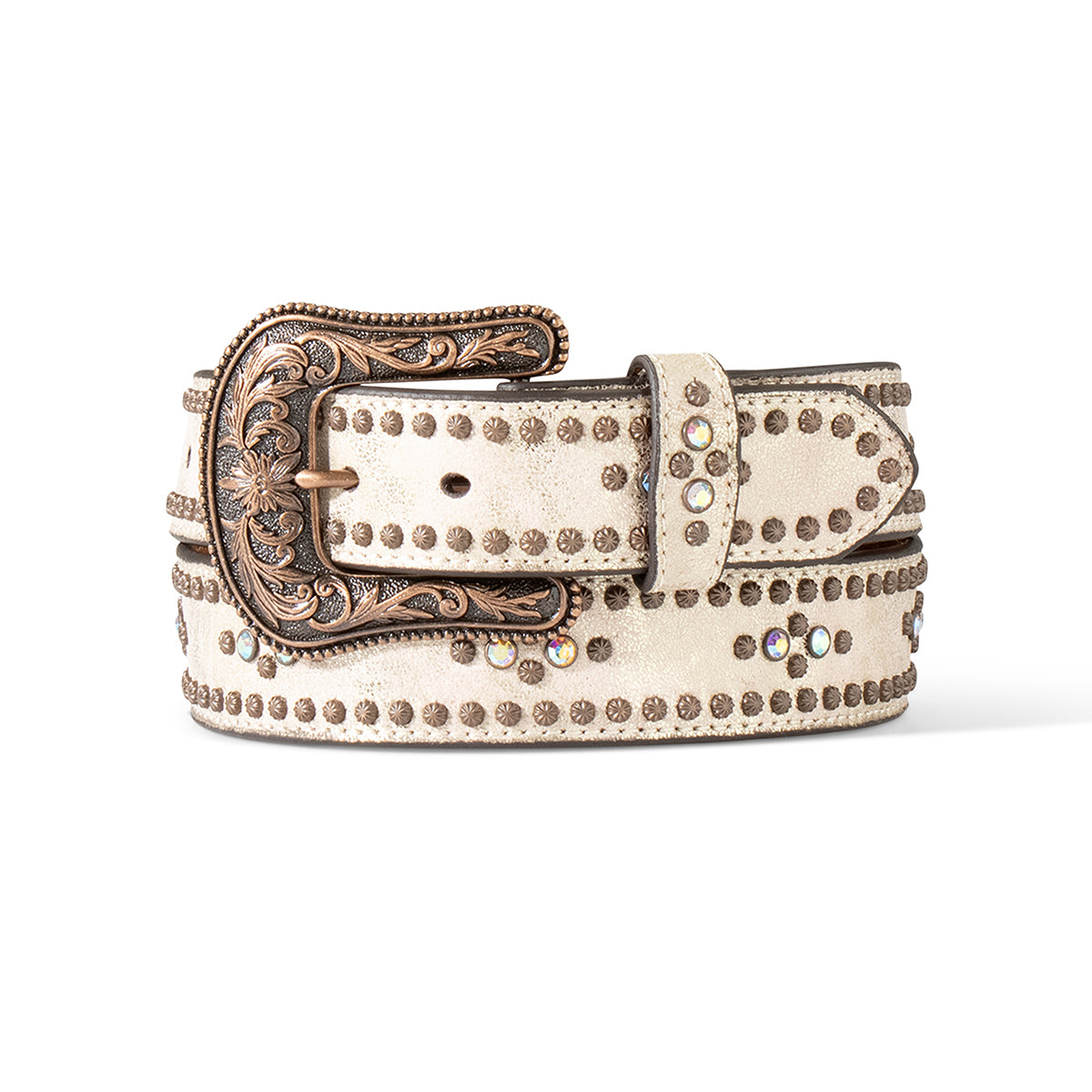 Ariat women's 1-1/2 inch floral engraved antique copper finish belt with detailed floral pattern and classic buckle design.