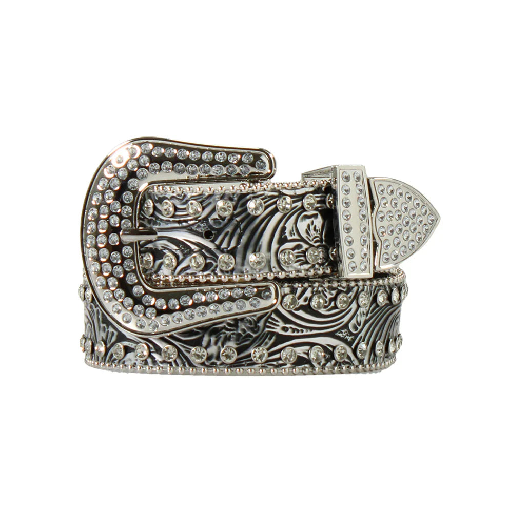 Nocona Girls' 1-inch black and silver belt with floral crystal accents, designed by M&F, featuring decorative floral crystal details.