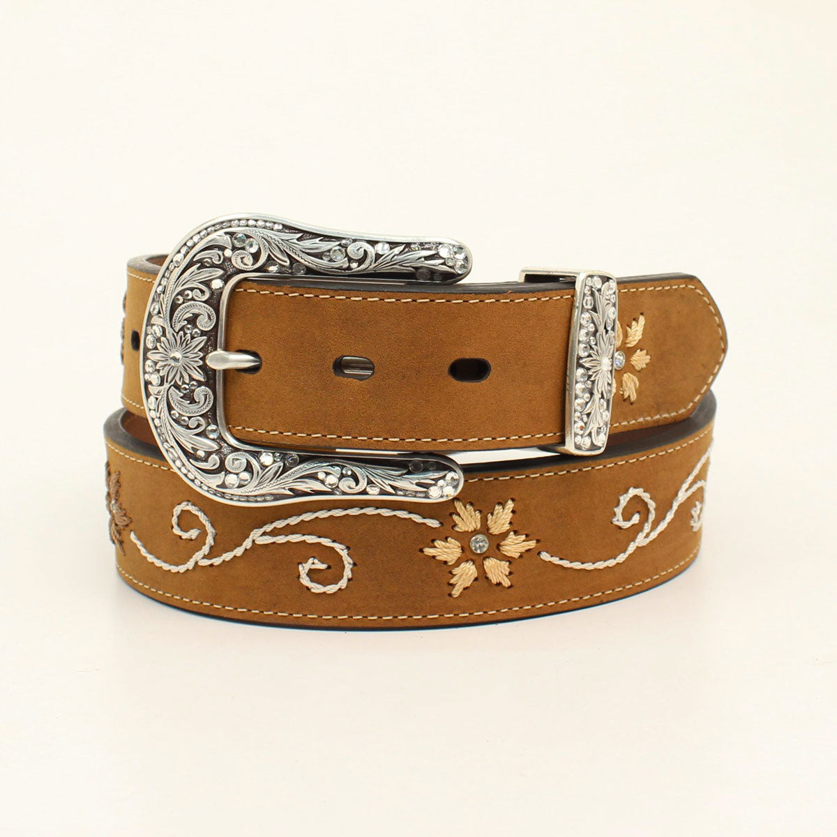 M&F Nocona women's embroidered belt with detailed stitching, leather strap, and decorative floral embroidery.
