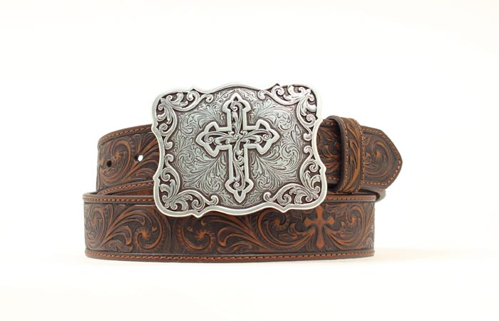 Nocona women's tooled leather belt by M&F, featuring intricate tooling and Western-style design.