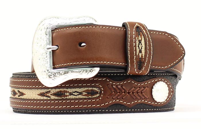 M&F Nocona Top Hand Aztec Ribbon Belt showing colorful woven Aztec pattern and leather strap design.
