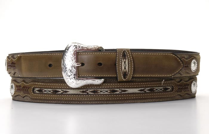 M&F Nocona Top Hand Aztec Ribbon Belt with colorful woven design, leather strap, and Western style for casual wear.