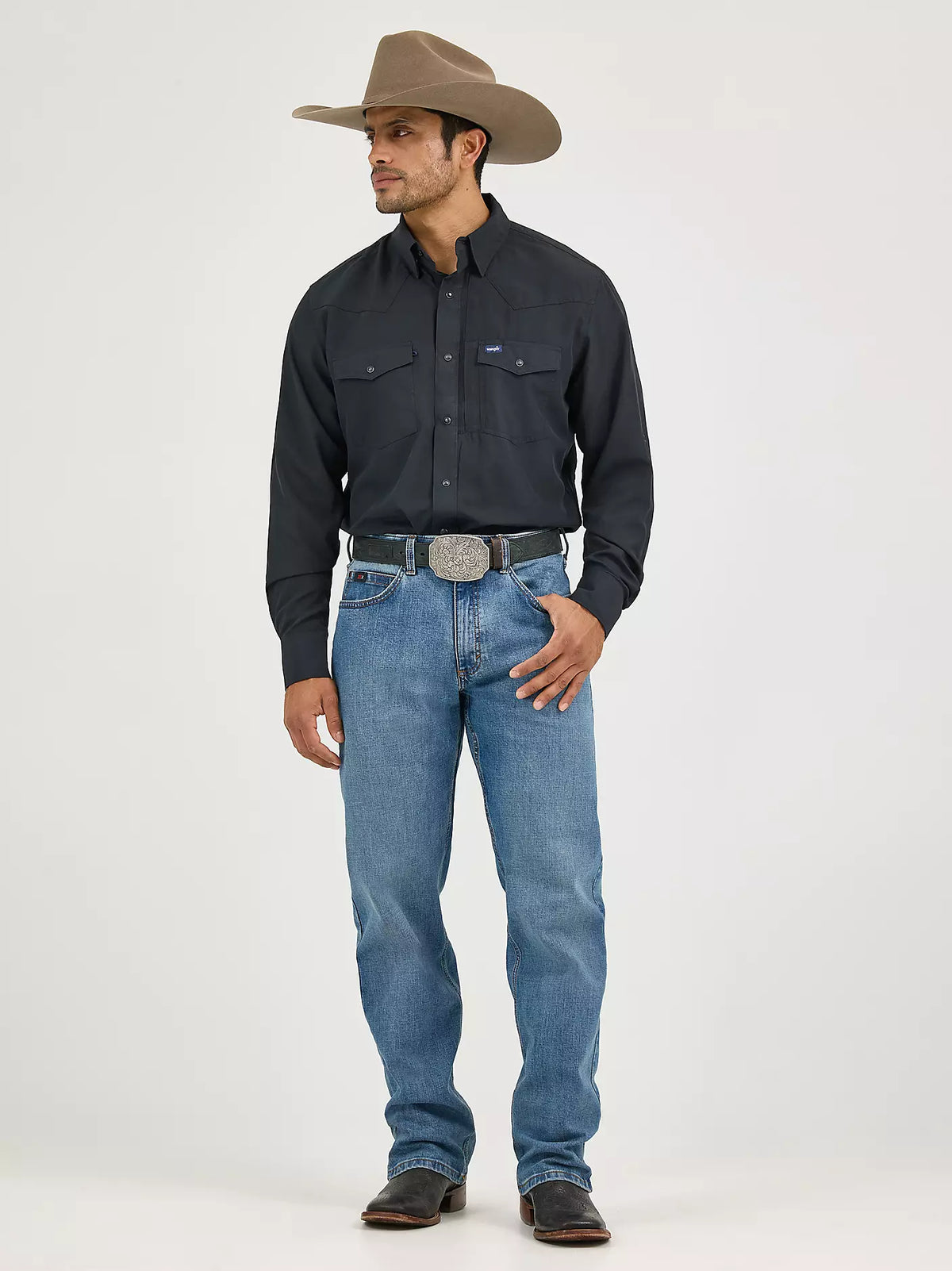 Men's Wrangler 20X Active Flex relaxed fit jeans in Admiral Blue, denim with classic five-pocket style and comfortable fit.