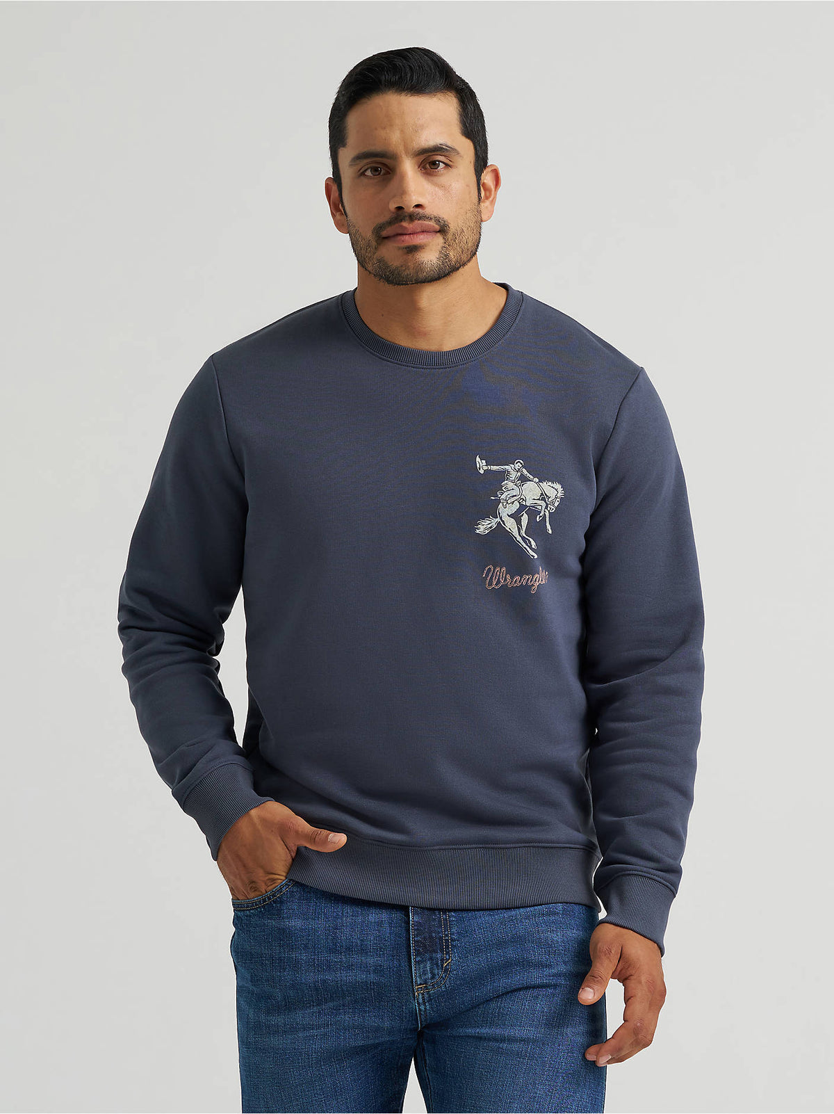 Wrangler Men's Bucking Rider Graphic Fleece Sweatshirt, Ombre Blue – model front