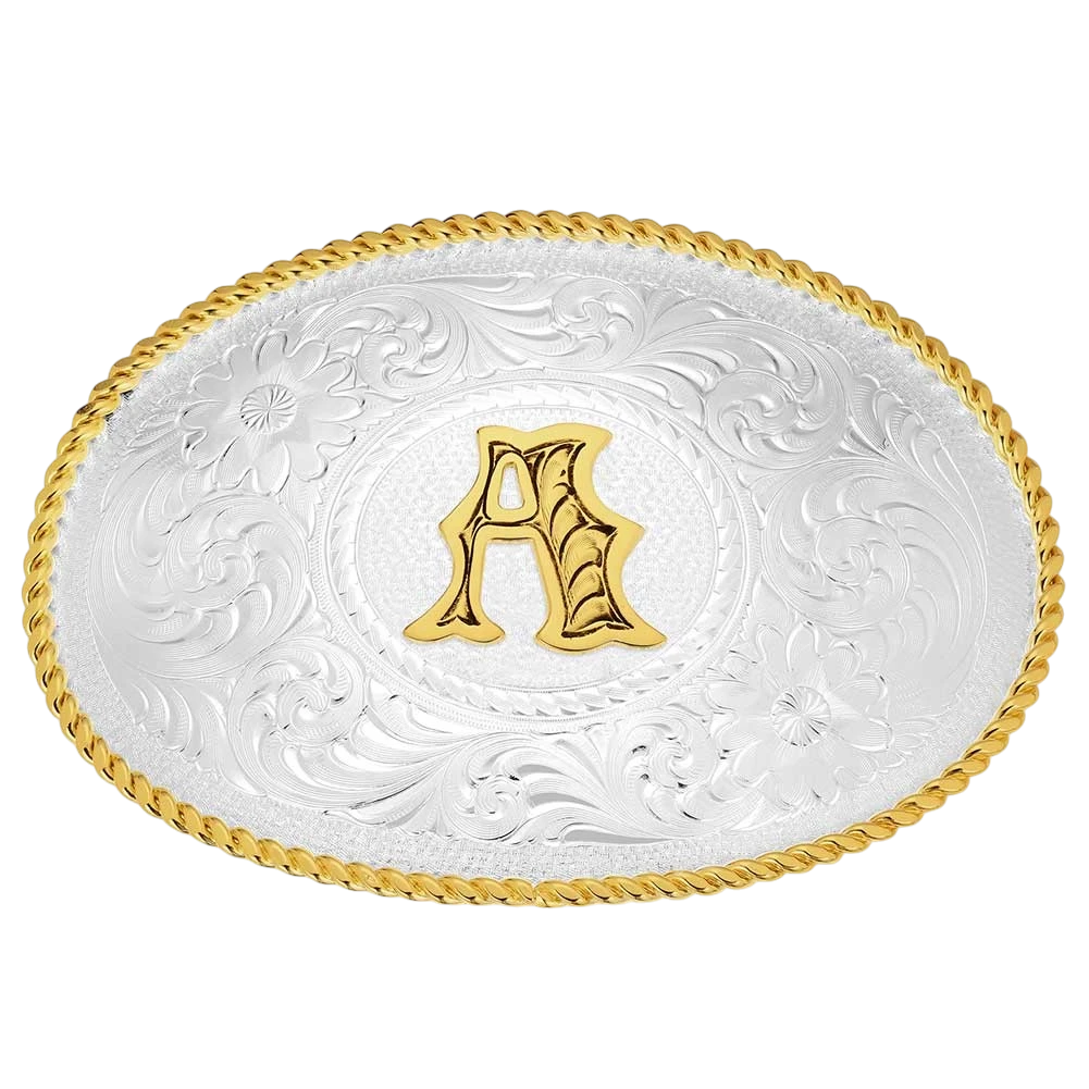 Montana Silversmiths initial silver engraved Western belt buckle with gold trim, detailed Western design and polished finish.