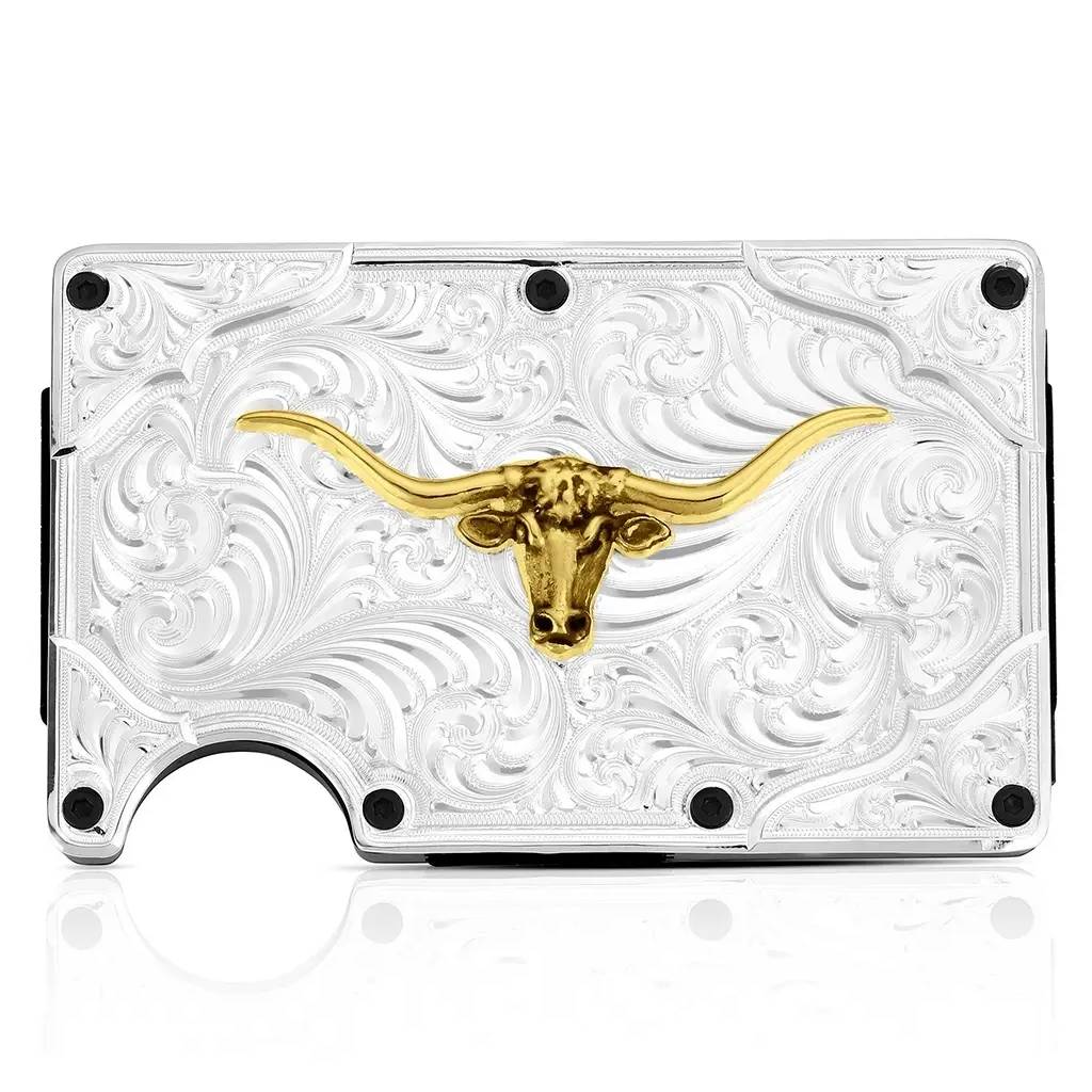 Montana Silversmiths Ironwood card case with Longhorn design, featuring detailed Western-inspired leather wallet.