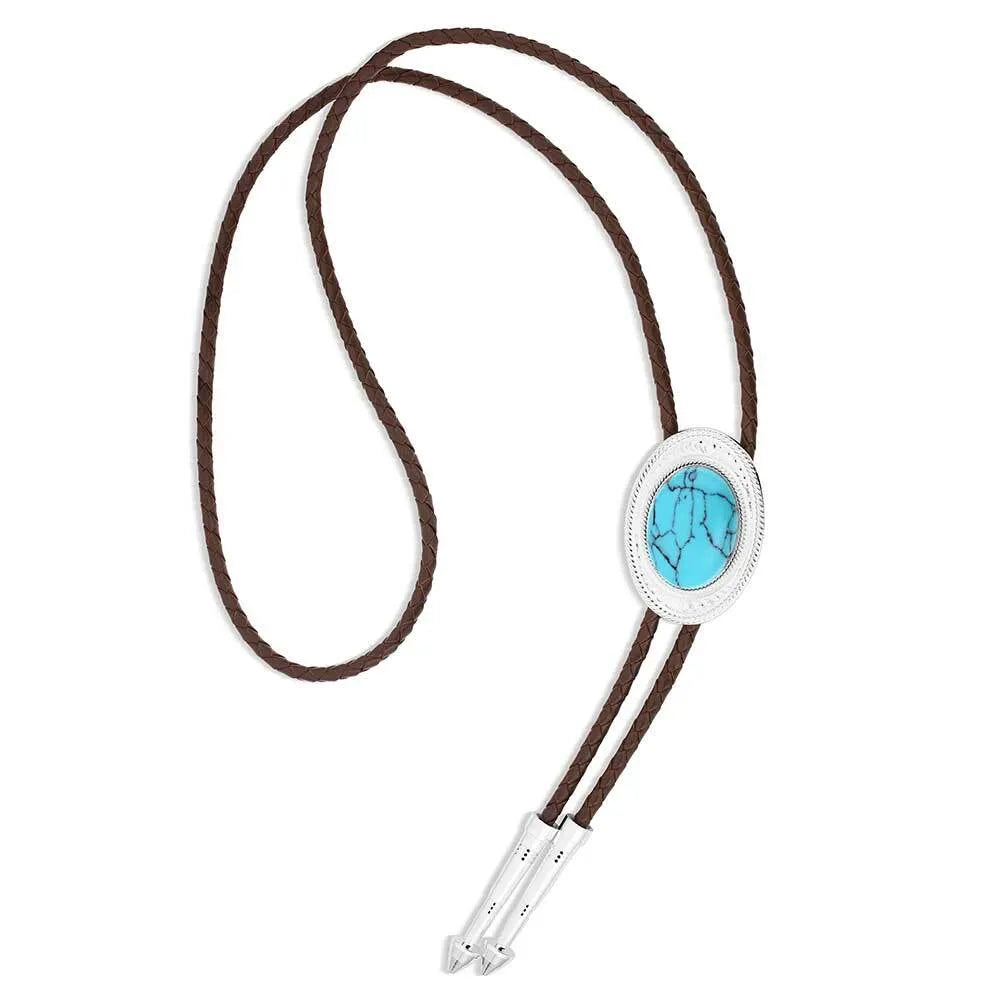 Montana Silversmiths The Outlaw Turquoise Bolo Tie featuring turquoise stones and detailed silver accents.