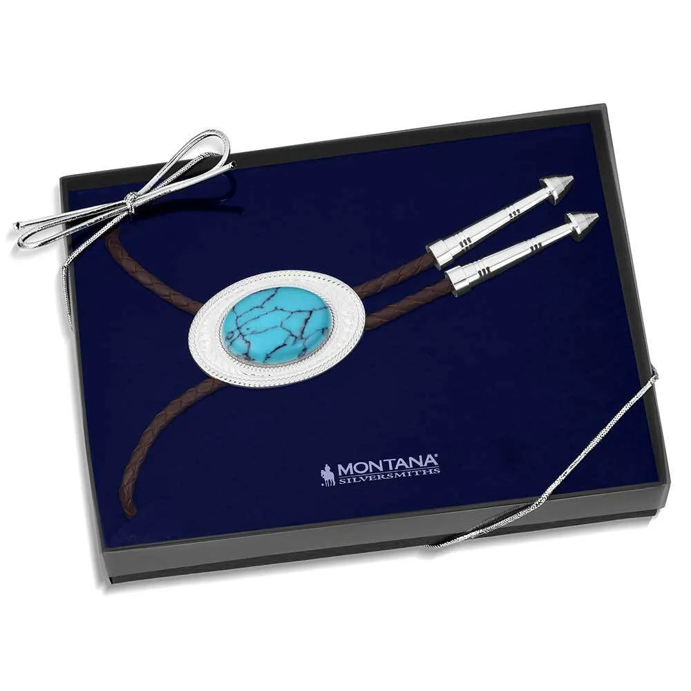 Montana Silversmiths The Outlaw Turquoise Bolo Tie featuring a turquoise and silver Western-style design.