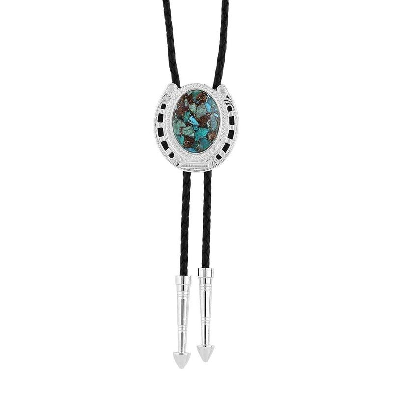 Montana Silversmiths The Pioneer's turquoise bolo tie with silver accents and detailed western design.