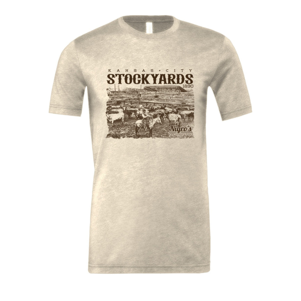 Nigro's Western Store Kansas City Stockyards T-Shirt, Heather Oatmeal – front