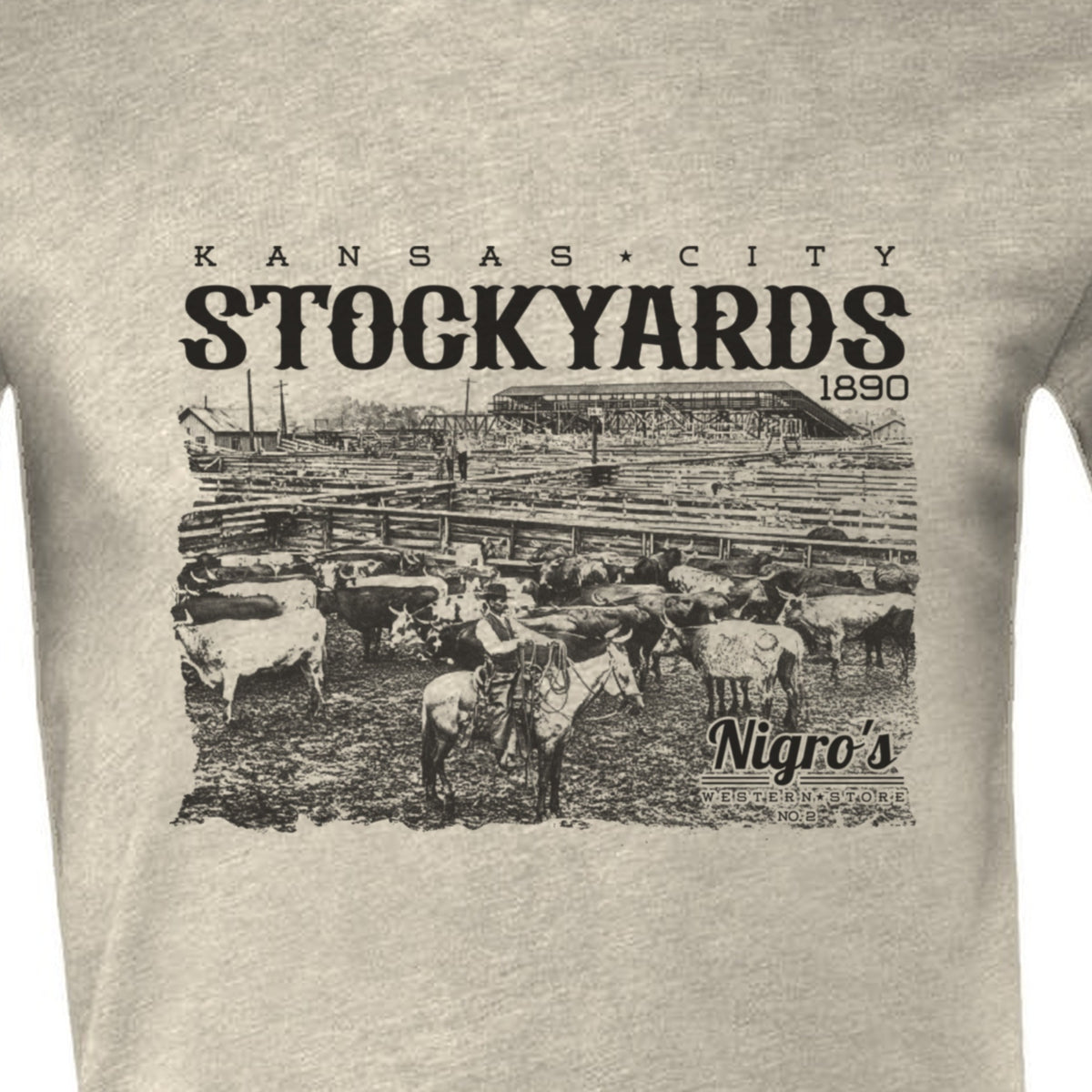 Nigro's Western Store Kansas City Stockyards T-Shirt, Heather Stone – logo close-up