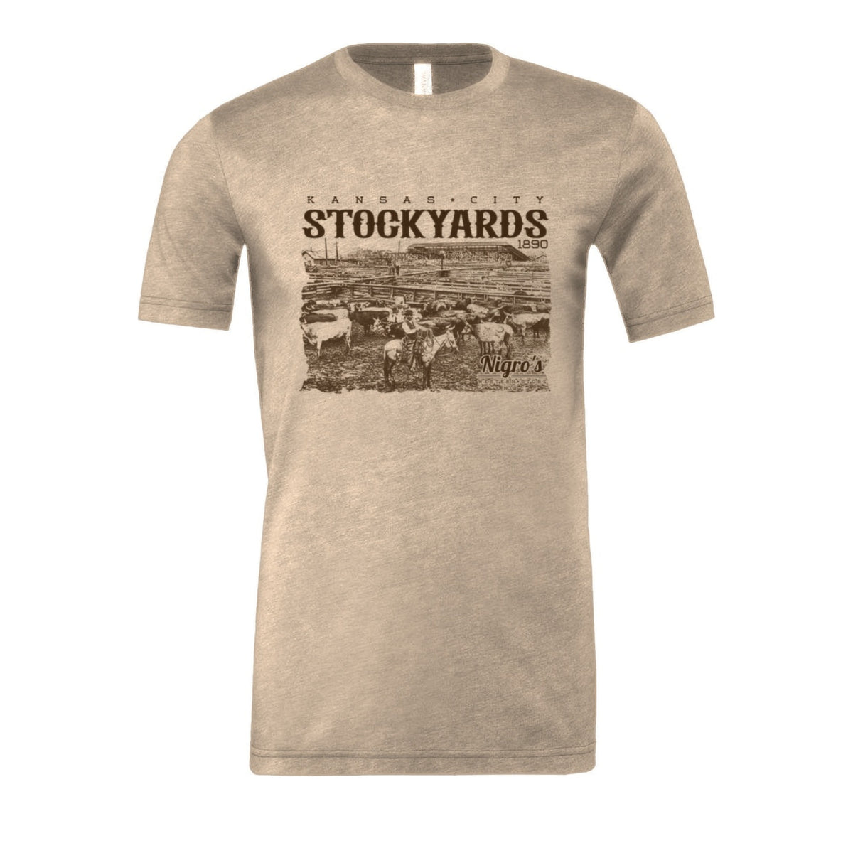 Nigro's Western Store Kansas City Stockyards T-Shirt, Heather Tan – front