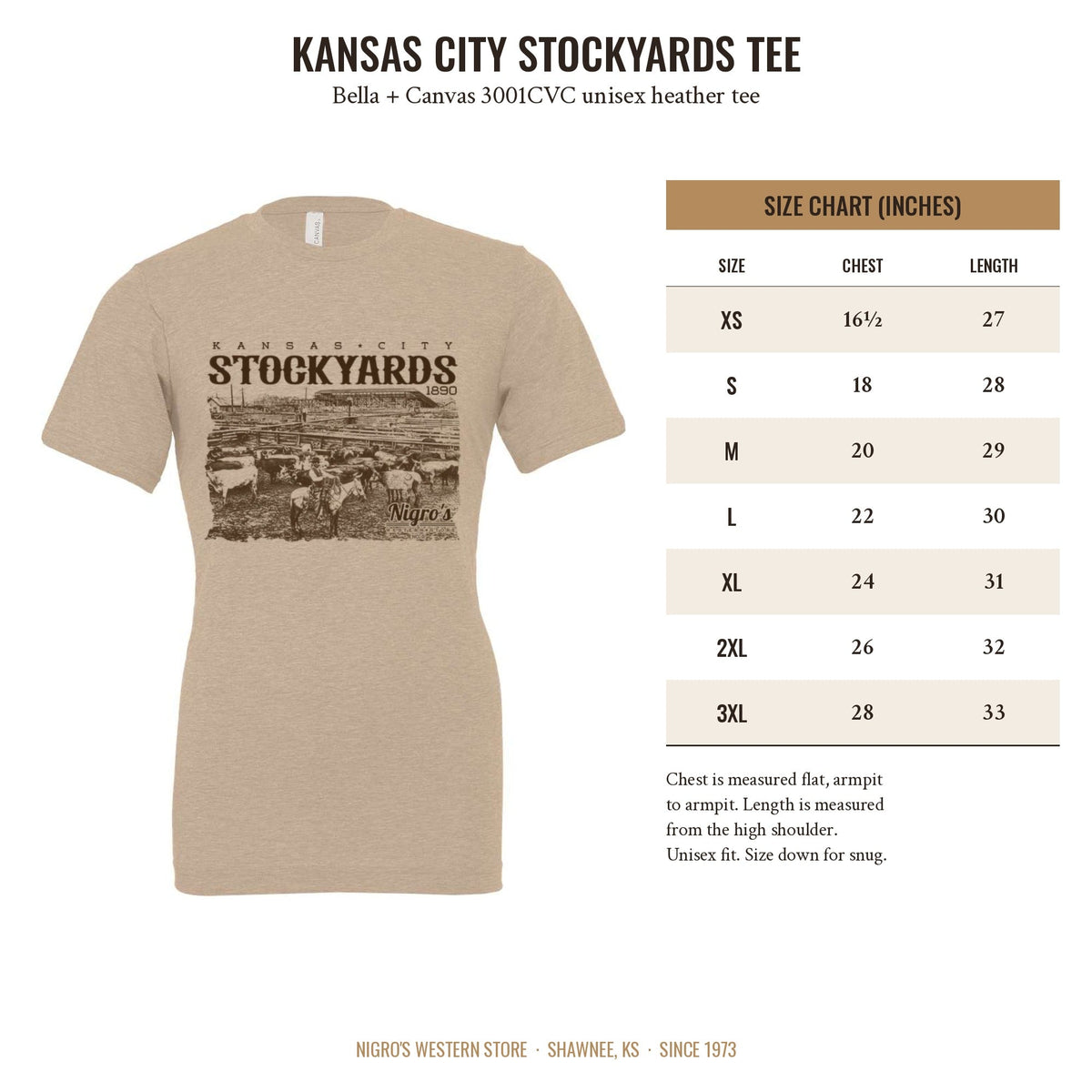 Nigro's Western Store Kansas City Stockyards T-Shirt – size chart