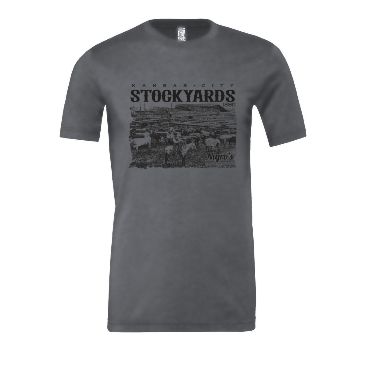 Nigro's Western Store Kansas City Stockyards T-Shirt, Solid Asphalt Blend – front