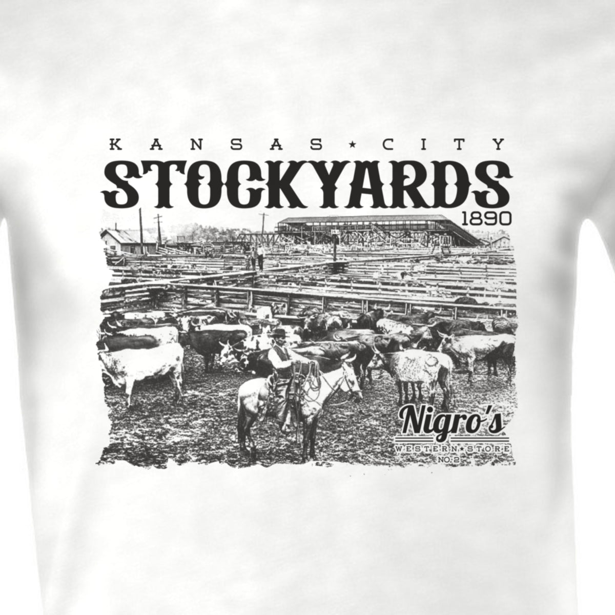 Nigro's Western Store Kansas City Stockyards T-Shirt, Solid White Blend – logo close-up