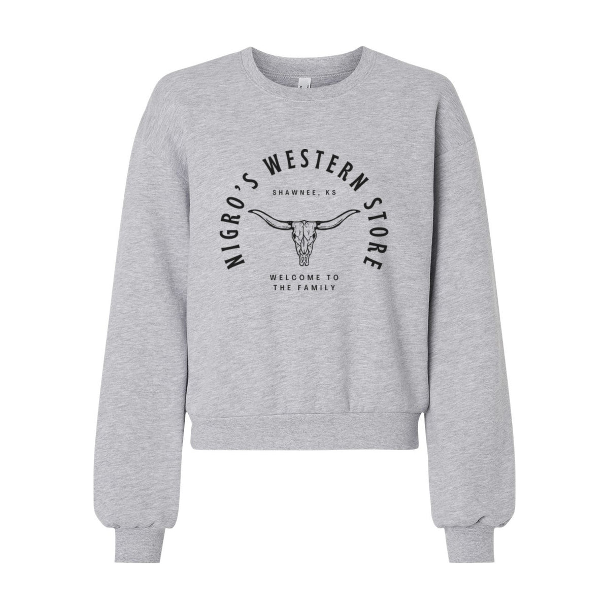 Nigro's Western Store Women's Welcome to the Family Crop Sweatshirt, Heather Grey – front