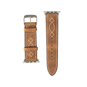 Nocona tan leather watch band with embroidered western stitching.