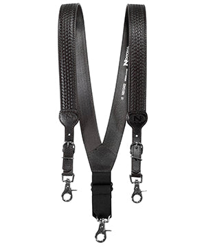 Nocona chocolate basketweave leather gallus suspenders for men.