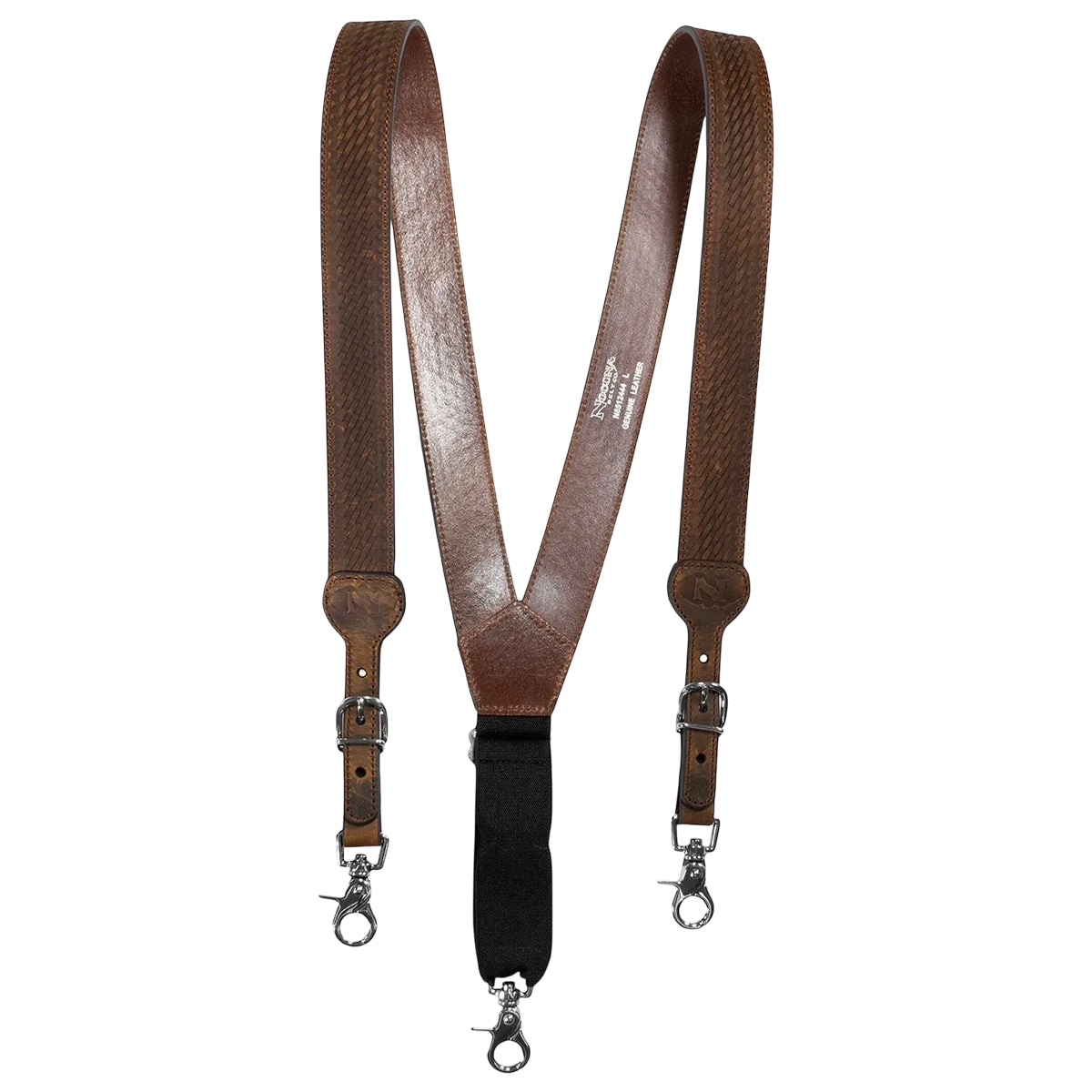 M&F Nocona Leather Gallus Suspenders in medium brown distressed leather with metal clips and adjustable straps.