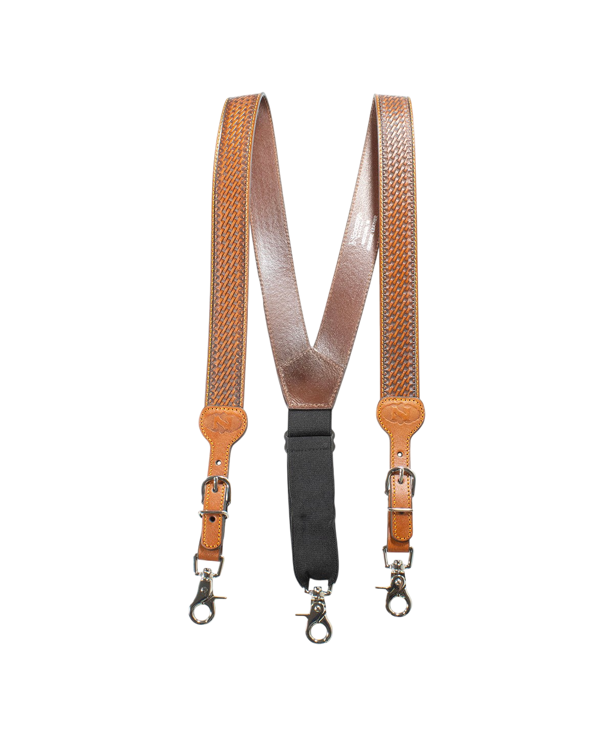 M&F Nocona Leather Gallus Suspenders in natural leather with metal clips and adjustable straps, designed for classic style.