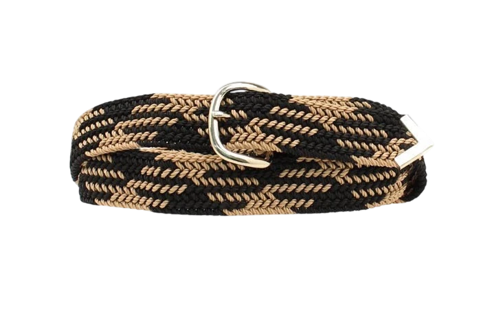 M&F Nocona woven braided belt in black and tan, featuring machine-woven design and adjustable strap for casual wear.