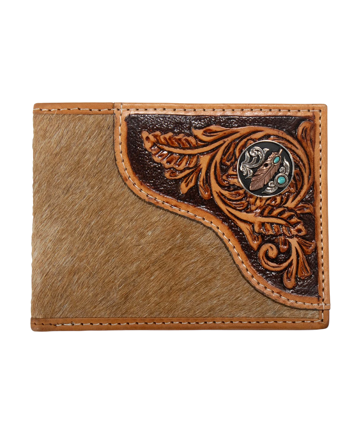 Nocona men's tooled leather bifold wallet with feather concho detail, featuring overlay design, by M&F Western.
