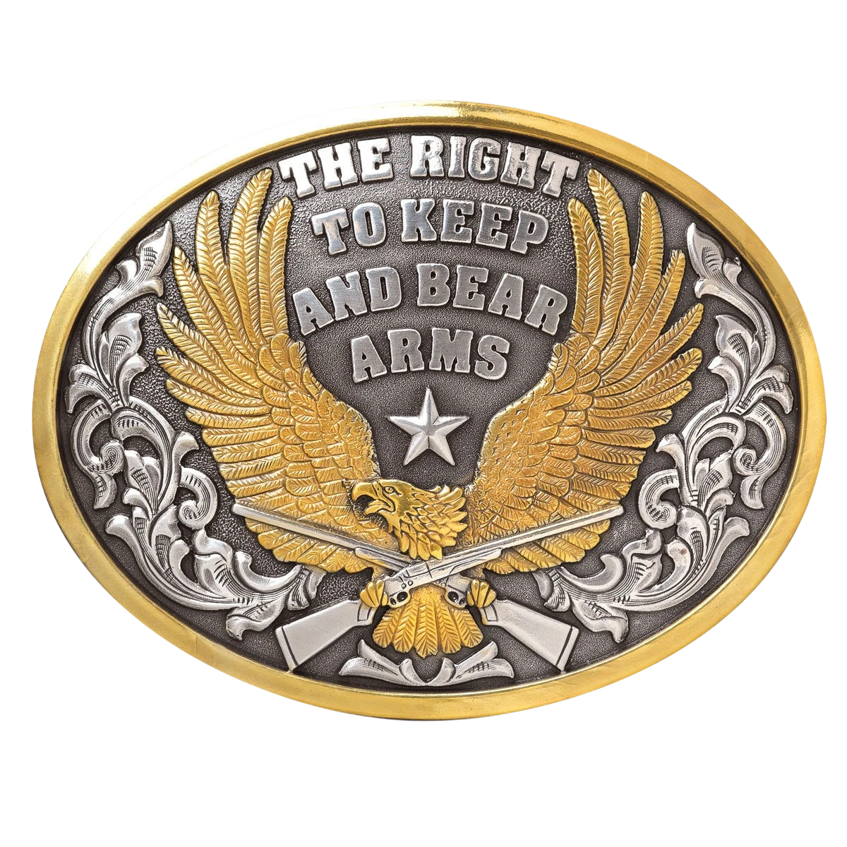 M&F Nocona Oval Bear Arms Belt Buckle with engraved bear design on polished metal surface