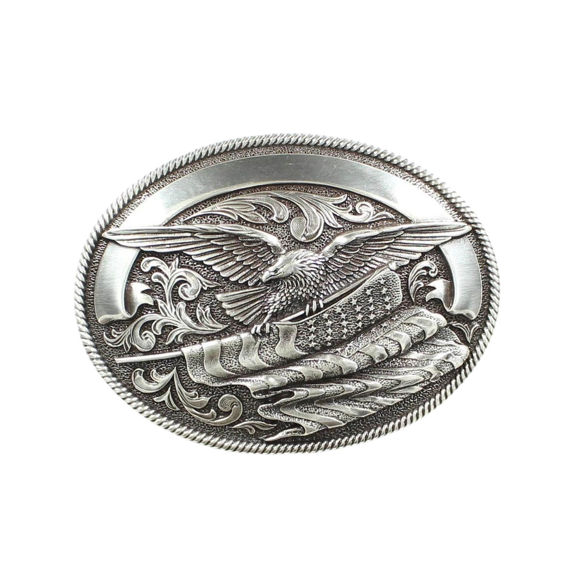 M&F Nocona oval eagle belt buckle featuring detailed eagle engraving on shiny metal surface.