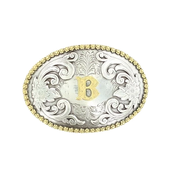 M&F Nocona oval initial belt buckle with engraved initials and classic Western style, suitable for leather belts.