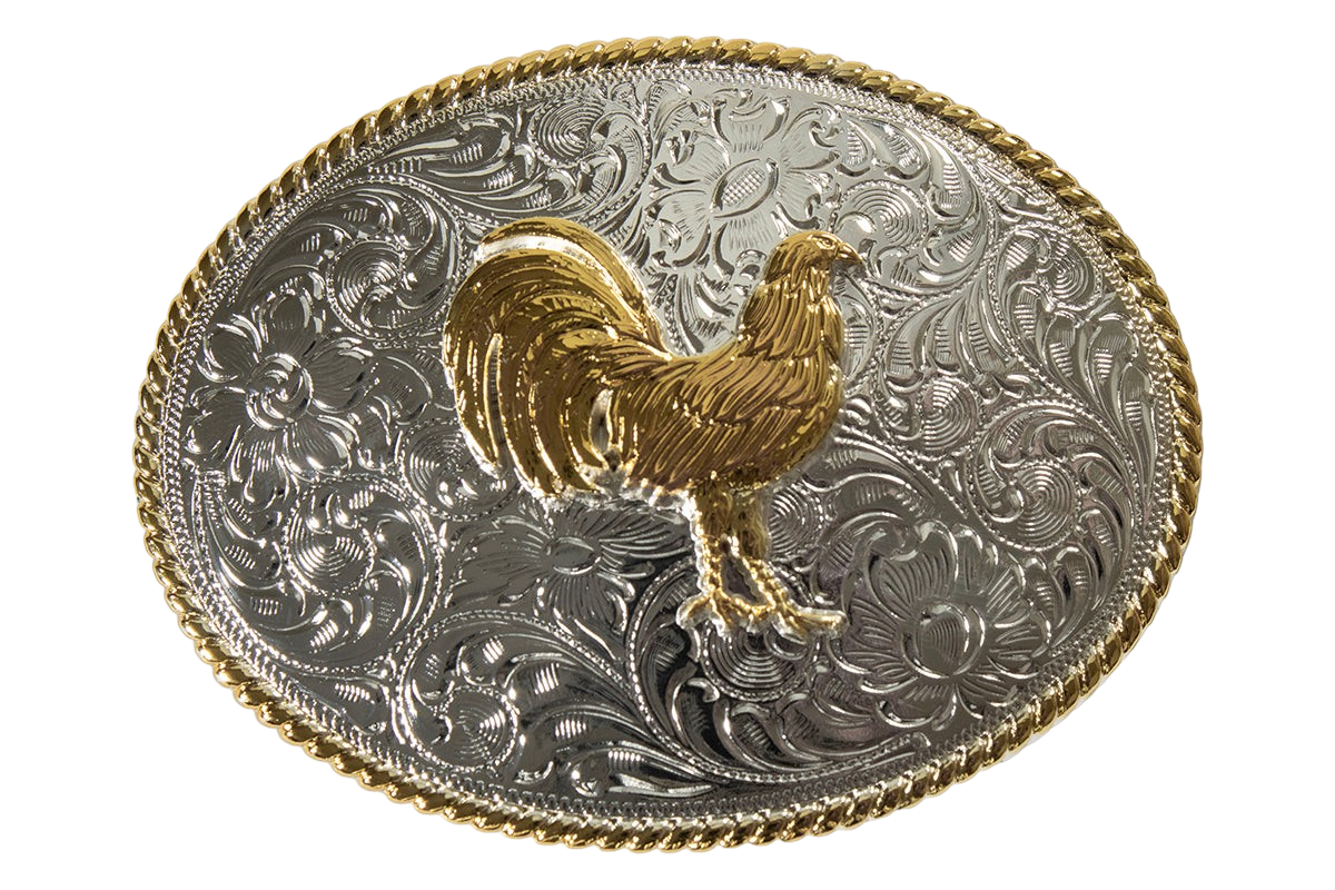 M&F Nocona Oval Rooster Belt Buckle featuring a detailed rooster design in a polished metal finish.