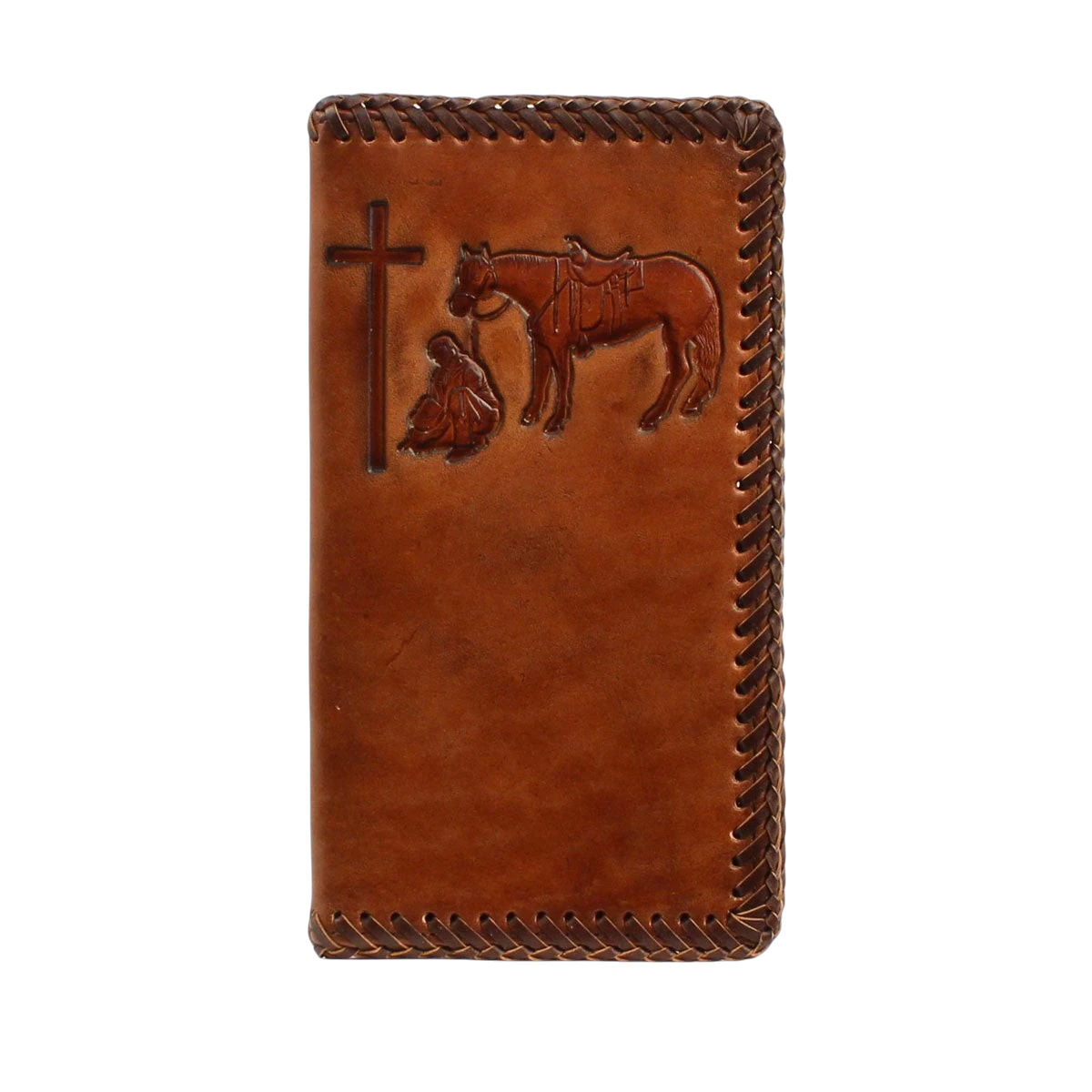 M&F Nocona Praying Cowboy Rodeo Wallet featuring detailed leather design and embossed rodeo-themed artwork.