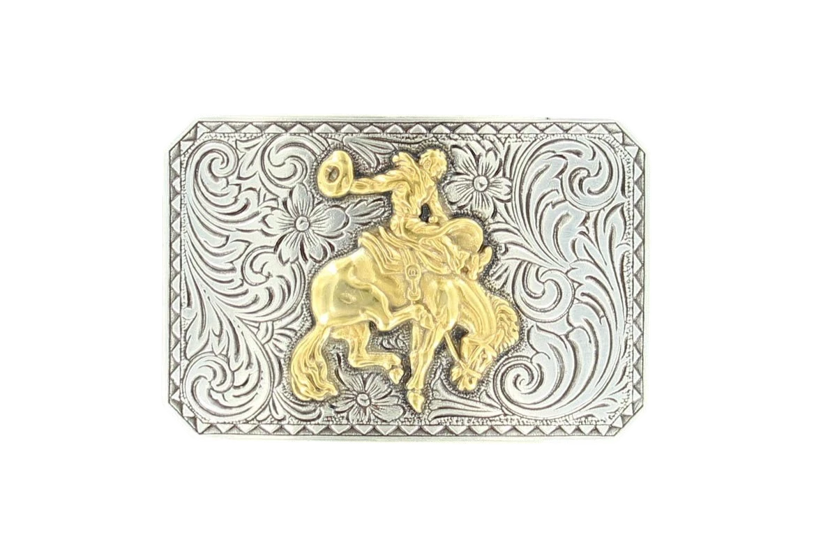 M&F Nocona Saddle Bronc Belt Buckle with detailed Western cowboy design and polished metal finish.