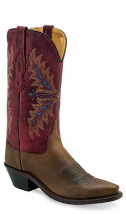 Old West women's Western boots with pointed toes and decorative stitching, crafted in brown leather for a classic Western style.