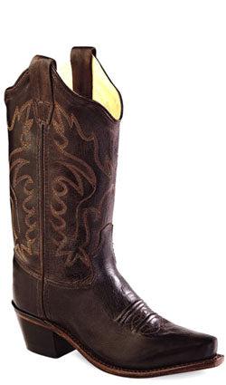 Old West youth Western boot in brown leather with decorative stitching and pull tabs, perfect for young western style.