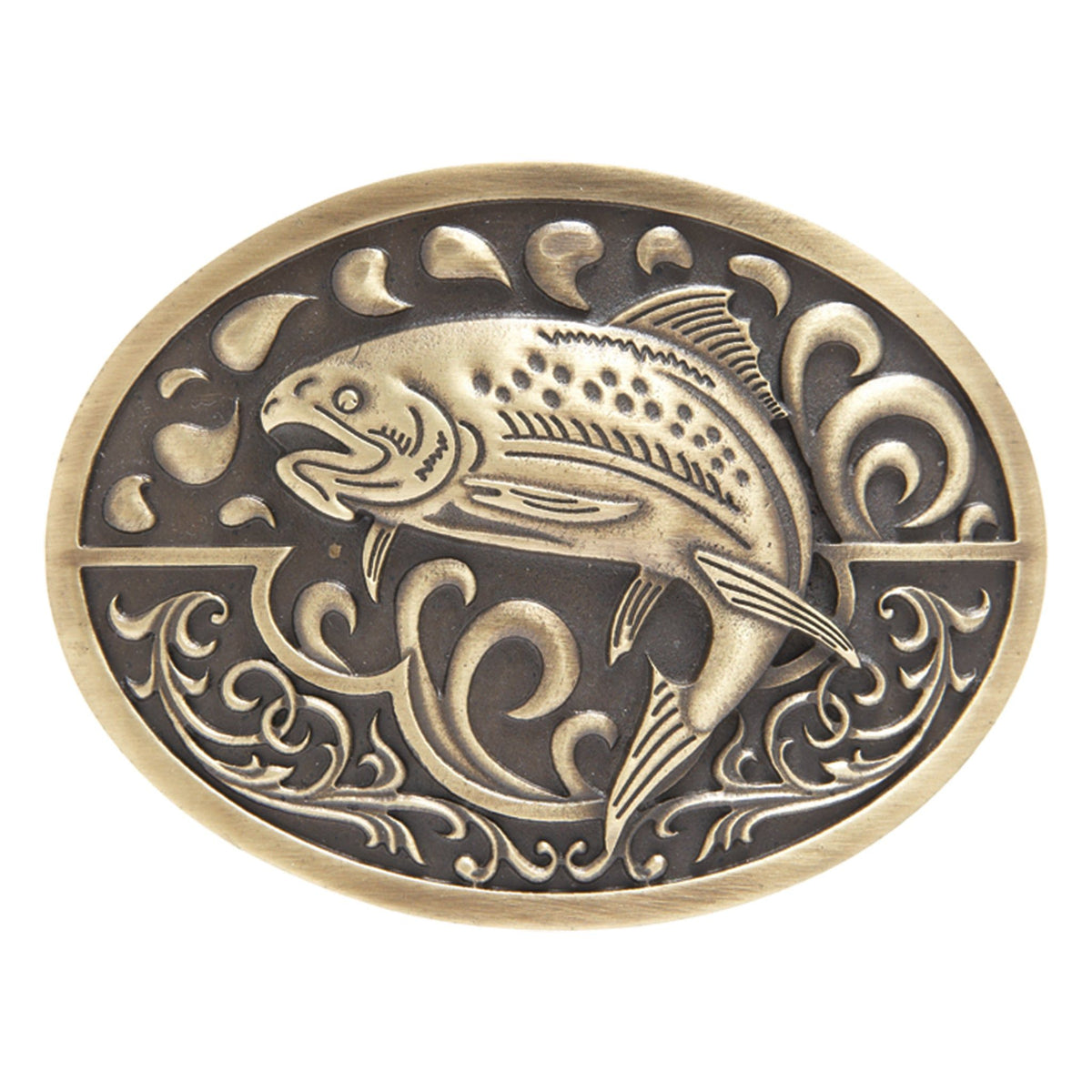 AndWest oval trout fishing belt buckle featuring detailed trout design on a polished metal surface.