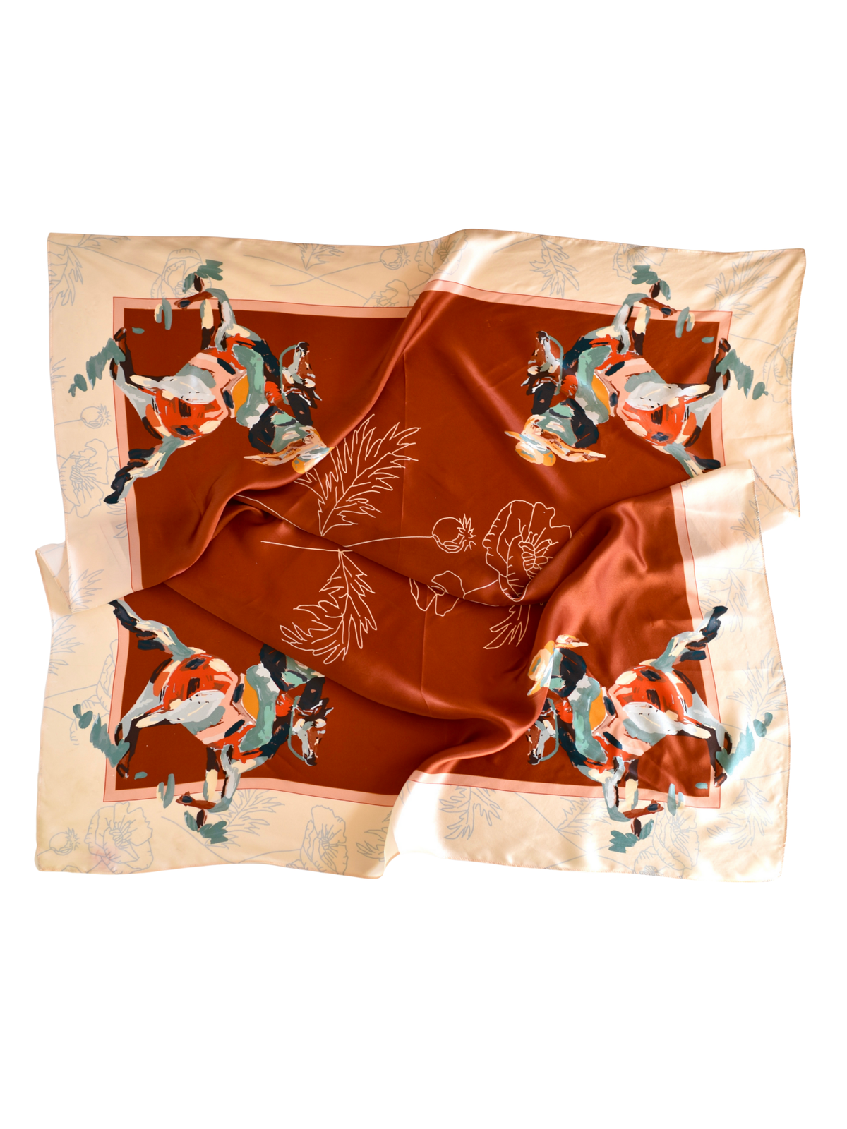Tirzah Lane Art large red bandana scarf featuring a poppy cowgirl design made from 100% Mulberry silk, 35x35 inches.