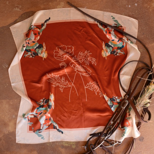 Tirzah Lane Art large red silk bandana featuring a poppy cowgirl design, 35x35 inches, Western-inspired wild rag scarf.