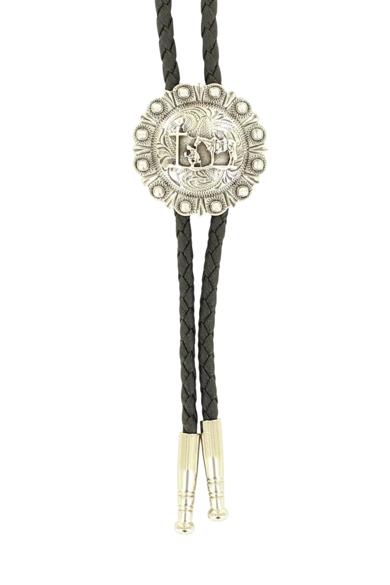 M&F Praying Cowboy Bolo Tie with detailed metal cowboy and praying hands design, classic western accessory for men.