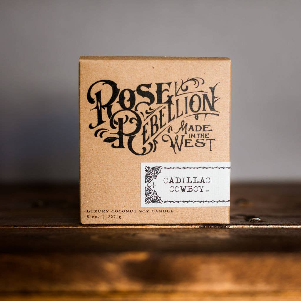 R. Rebellion Cadillac Cowboy Candle, 8 oz – box