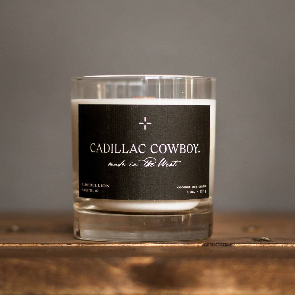 R. Rebellion Cadillac Cowboy Candle, 8 oz – front