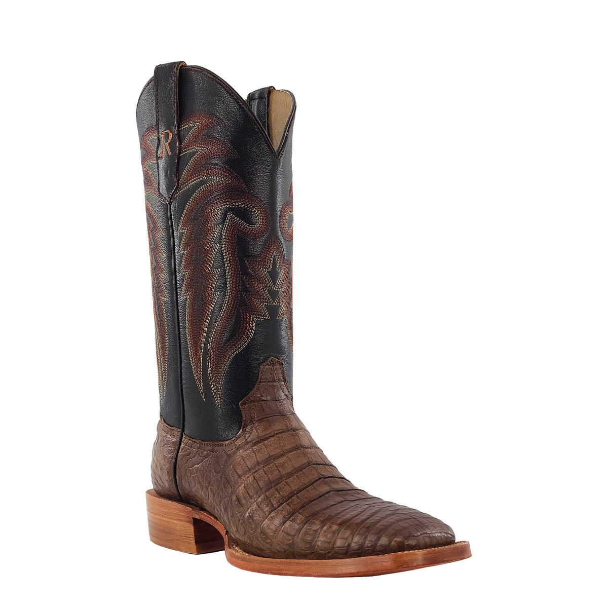 R. Watson Men's Antique Coco/Chocolate Caiman Belly Wide Square Toe Boot – 3-4 front