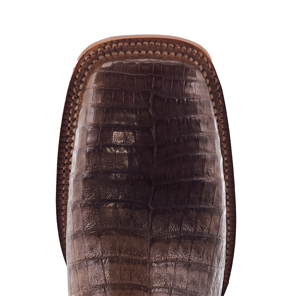 R. Watson Men's Antique Coco/Chocolate Caiman Belly Wide Square Toe Boot – top