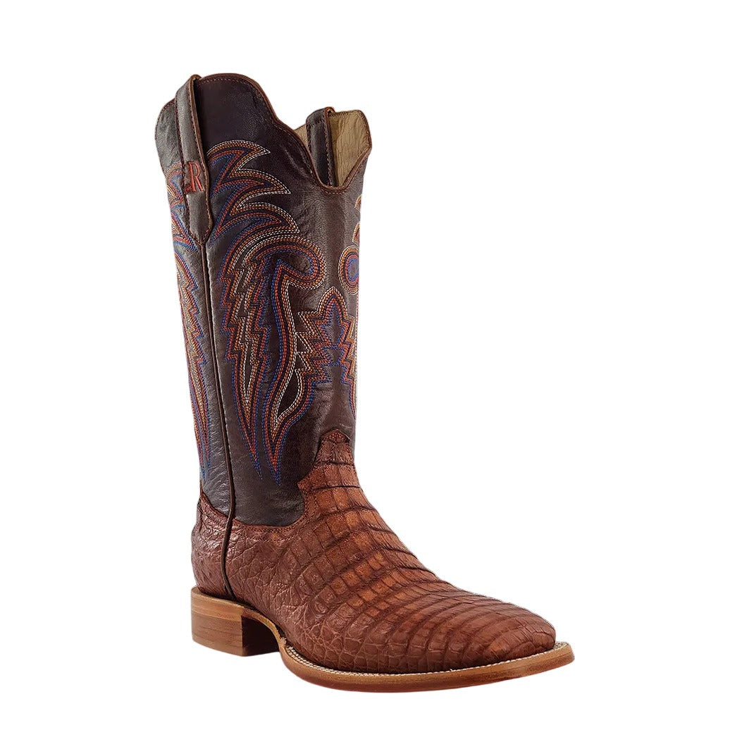 R. Watson Men's Antique Cognac/Cognac Caiman Belly Wide Square Toe Boot – 3-4 front close