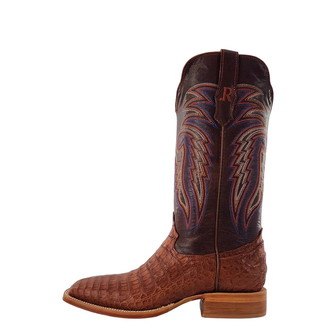 R. Watson Men's Antique Cognac/Cognac Caiman Belly Wide Square Toe Boot – inside