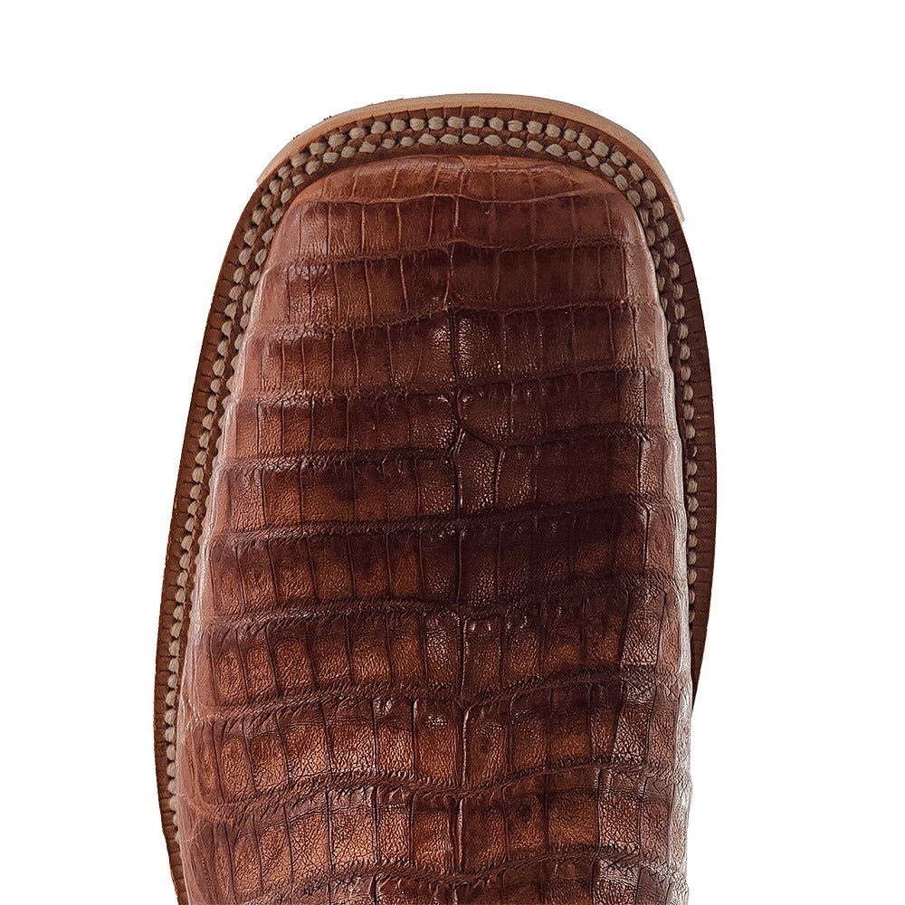 R. Watson Men's Antique Cognac/Cognac Caiman Belly Wide Square Toe Boot – top