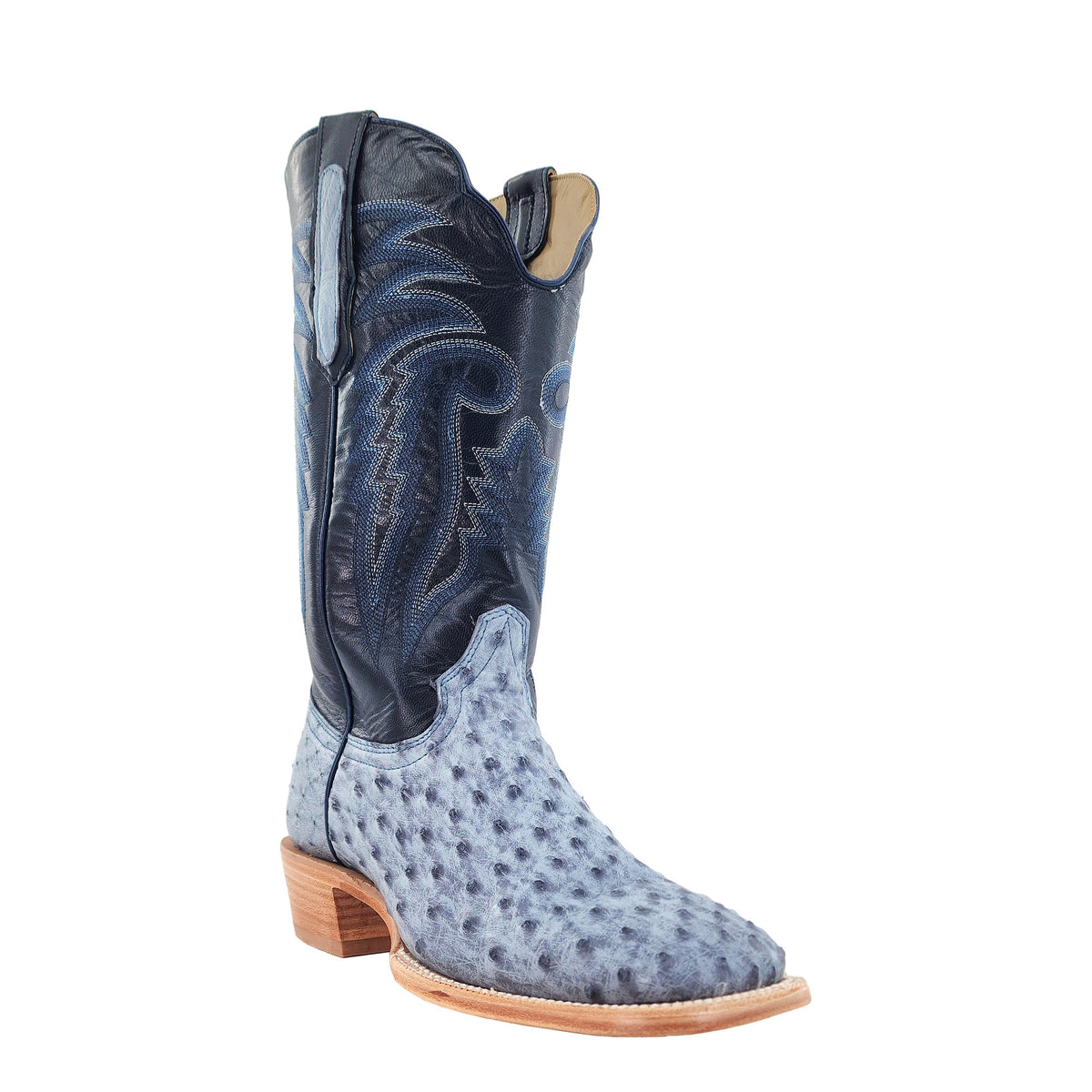 R. Watson Men's Antique Denim Bruciato/Navy Blue Full Quill Ostrich Wide Square Toe Boot – 3-4 front