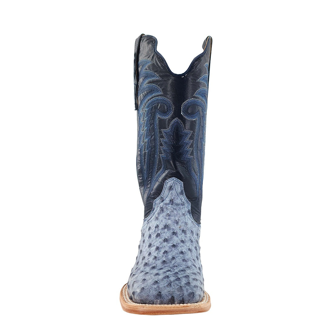 R. Watson Men's Antique Denim Bruciato/Navy Blue Full Quill Ostrich Wide Square Toe Boot – toe