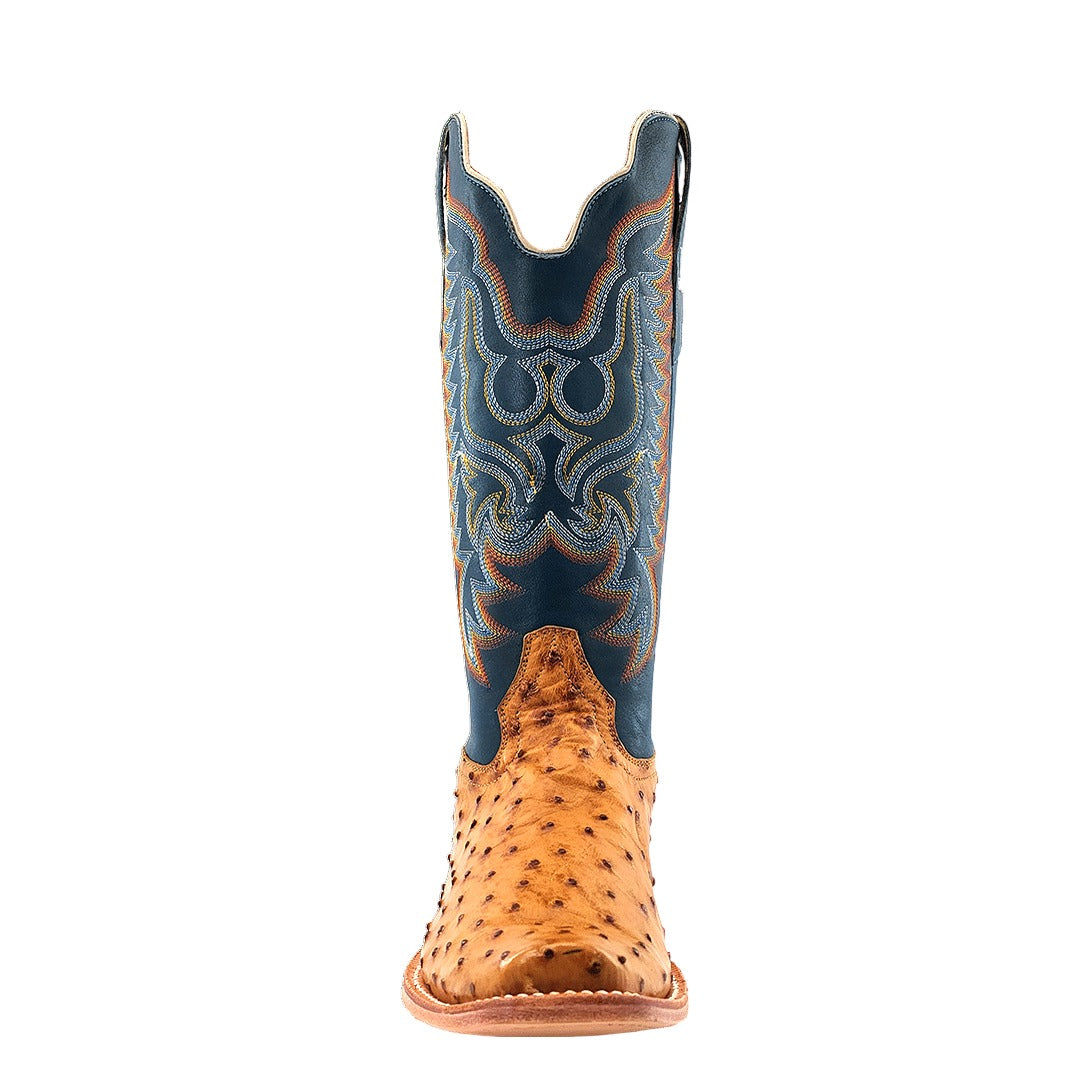 R. Watson Men's Antique Saddle/Royal Blue Full Quill Ostrich Cutter Toe Boot – toe